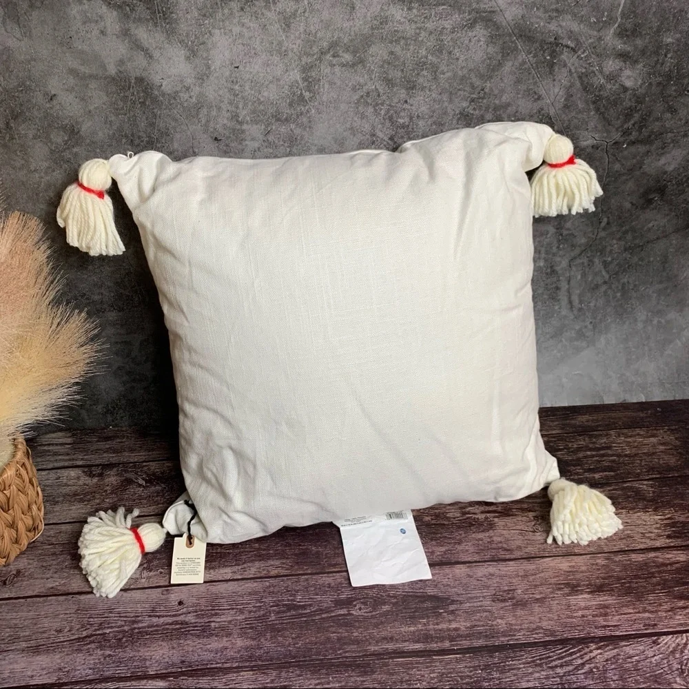 Hearth & Hand ~ Embroidered Deer Pillow with Tassels and Red Accent